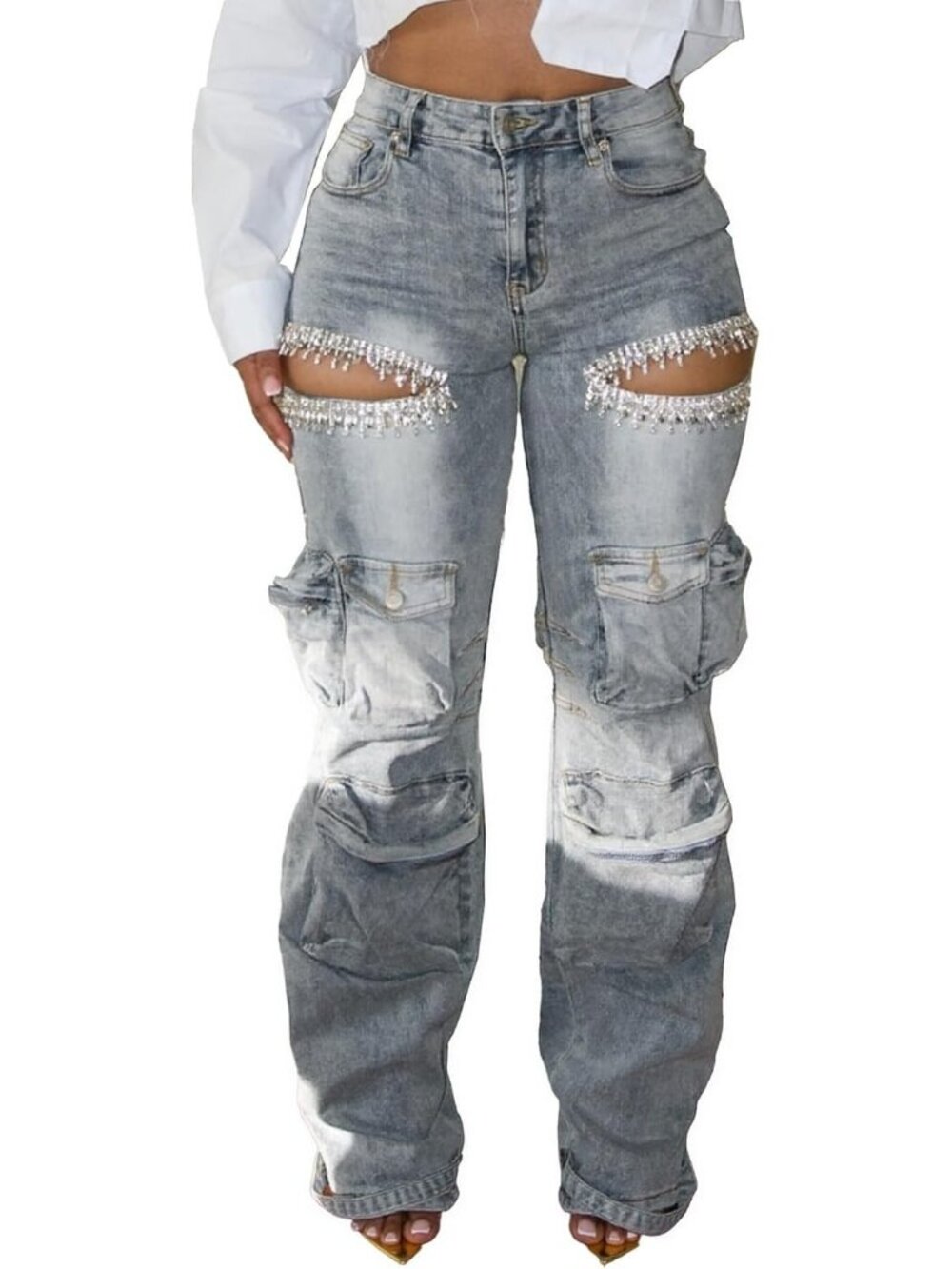 Women's Light Grey Denim Distressed Rhinestone Y2k High Waisted Cargo Jeans